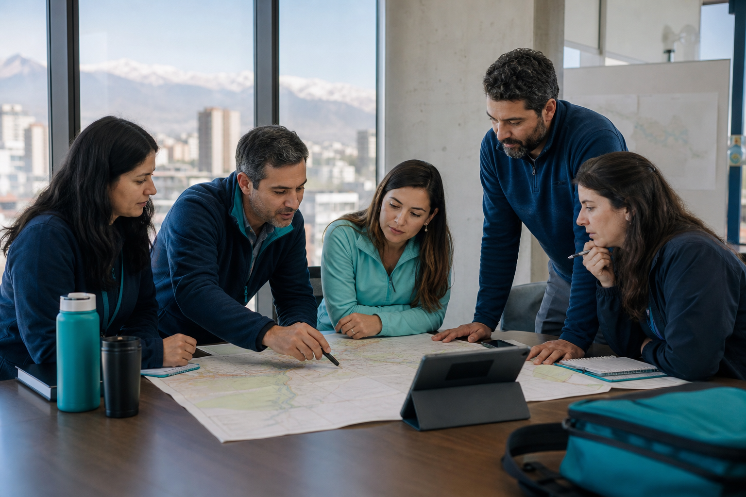 Equipo profesional coordinando una operación antes de salir a terreno